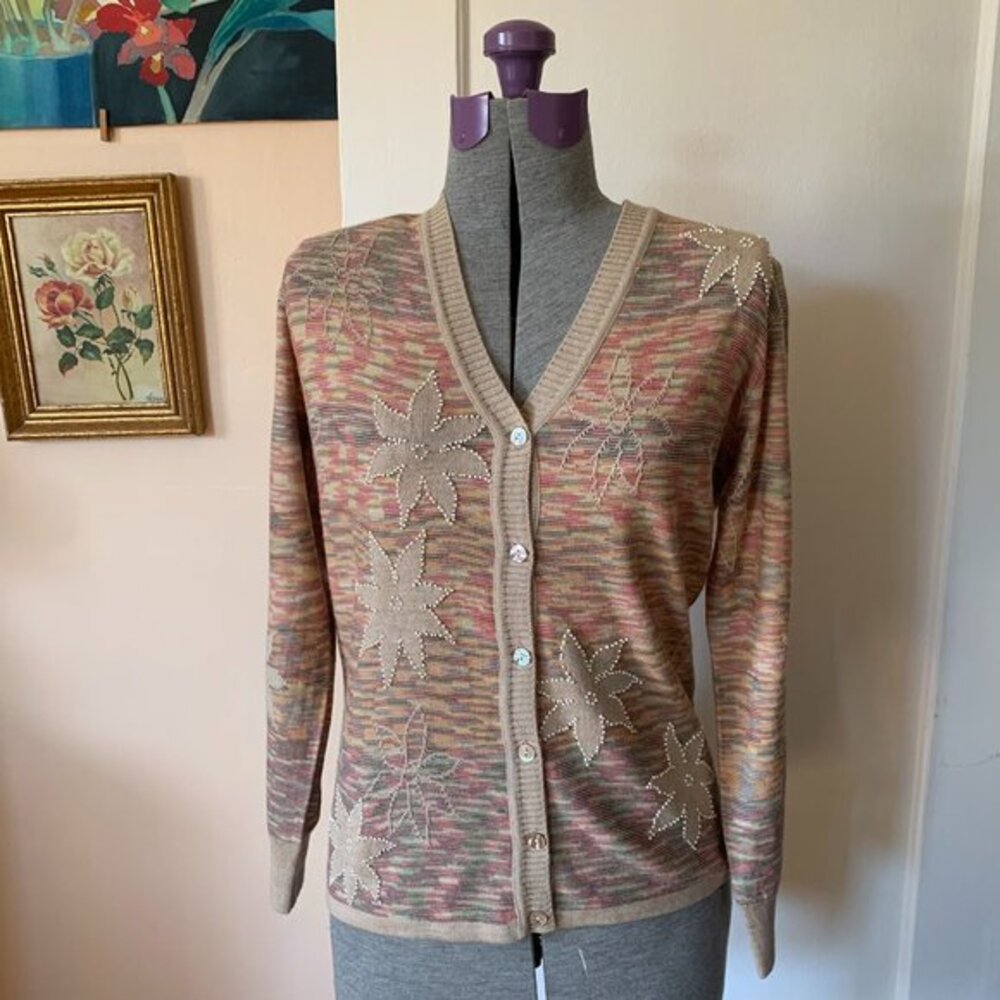 CAMELA sz 34 Cardigan Sweater Beige Space Dye Multicolor Floral Wool Blend‎ Boho
